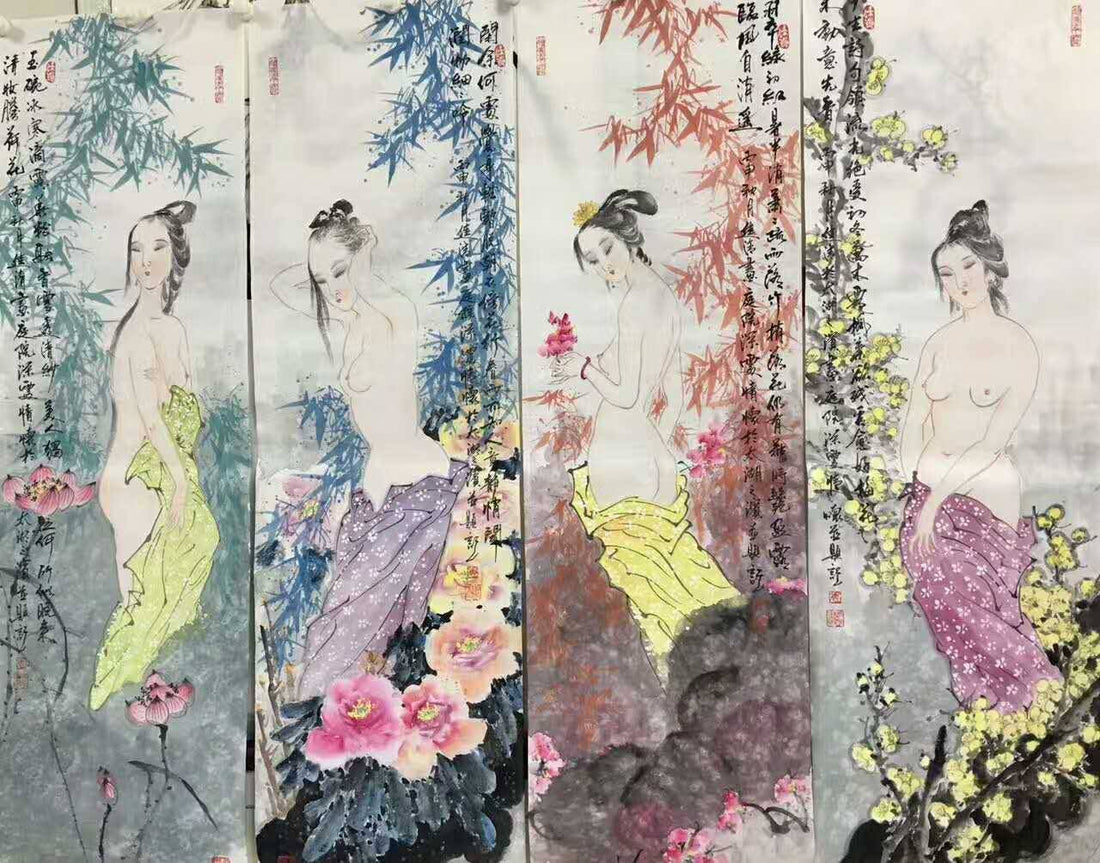 四季仕女圖 Four Seasons Beauties — original hand-painted Chinese ink figure painting (仕女) by Master Jiang Jinqing (峻清书画)