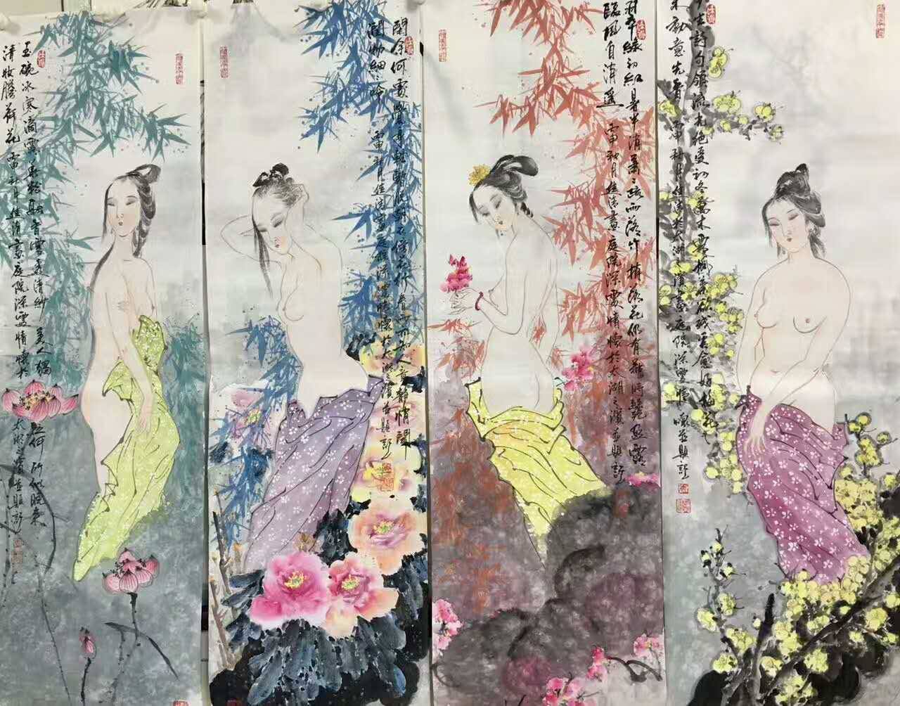 四季仕女圖 Four Seasons Beauties — original hand-painted Chinese ink figure painting (仕女) by Master Jiang Jinqing (峻清书画)
