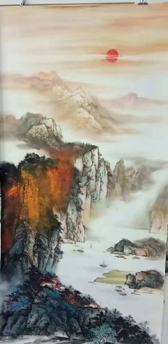 煙雲旭日圖 Sunrise Over Misty Mountains — original hand-painted Chinese ink landscape by Master Jiang Jinqing (峻清书画)