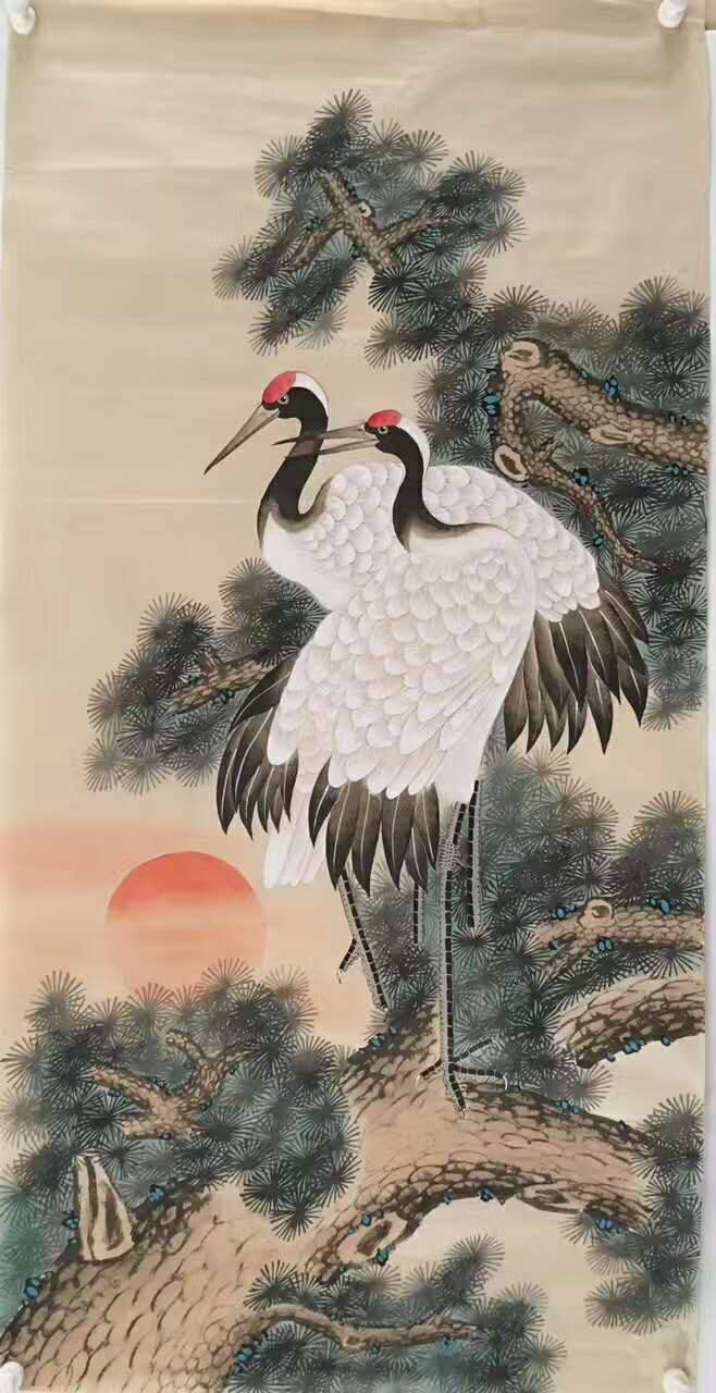 松鶴延年圖 Crane & Pine, Longevity — original hand-painted Chinese ink bird-and-flower painting by Master Jiang Jinqing (峻清书画)