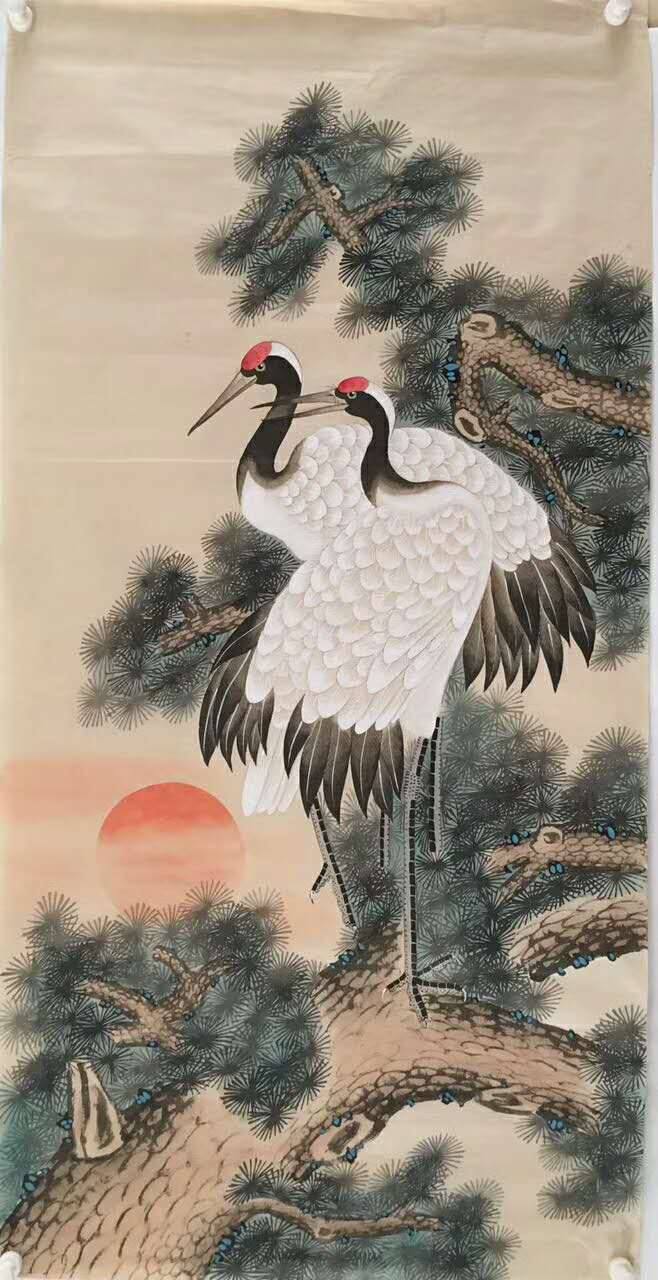 雙鶴松林圖 Twin Cranes Among Pines — original hand-painted Chinese ink bird-and-flower painting (longevity) by Master Jiang Jinqing (峻清书画)