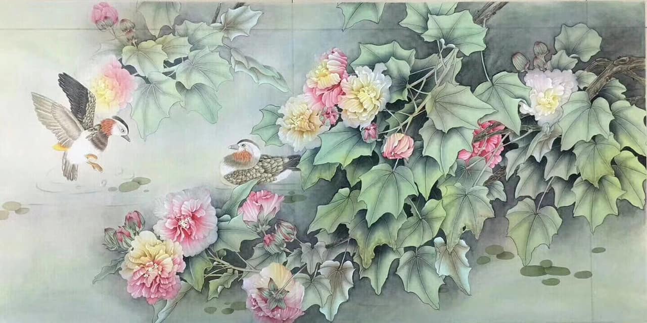 花間鴛鴦圖 Mandarin Ducks in Bloom — original hand-painted Chinese ink bird-and-flower painting by Master Jiang Jinqing (峻清书画)