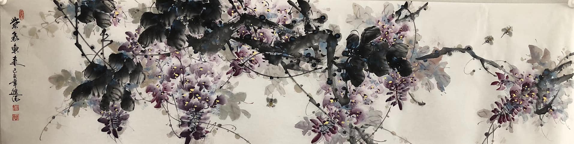 紫藤春韻圖 Wisteria in Spring — original hand-painted Chinese ink flower painting by Master Jiang Jinqing (峻清书画)
