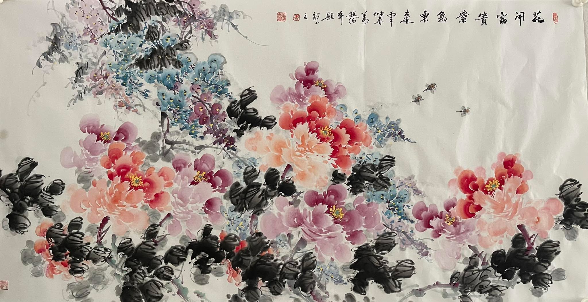 春暉牡丹圖 Peonies in Spring — original hand-painted Chinese ink flower painting by Master Jiang Jinqing (峻清书画)