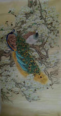 春花孔雀圖 Peacocks Amid Spring Blossoms — original hand-painted Chinese ink bird-and-flower painting by Master Jiang Jinqing (峻清书画)