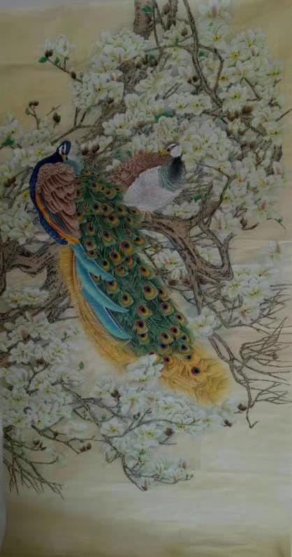 春花孔雀圖 Peacocks Amid Spring Blossoms — original hand-painted Chinese ink bird-and-flower painting by Master Jiang Jinqing (峻清书画)