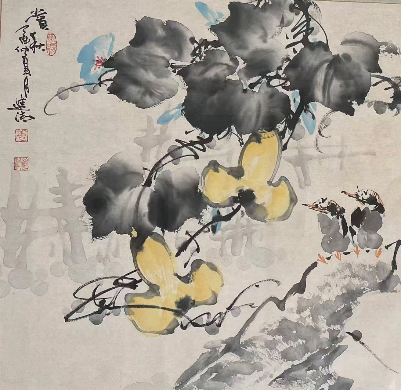 葫蘆鳥雀圖 Sparrows & Gourd (福祿) — original hand-painted Chinese ink bird-and-flower painting by Master Jiang Jinqing (峻清书画)