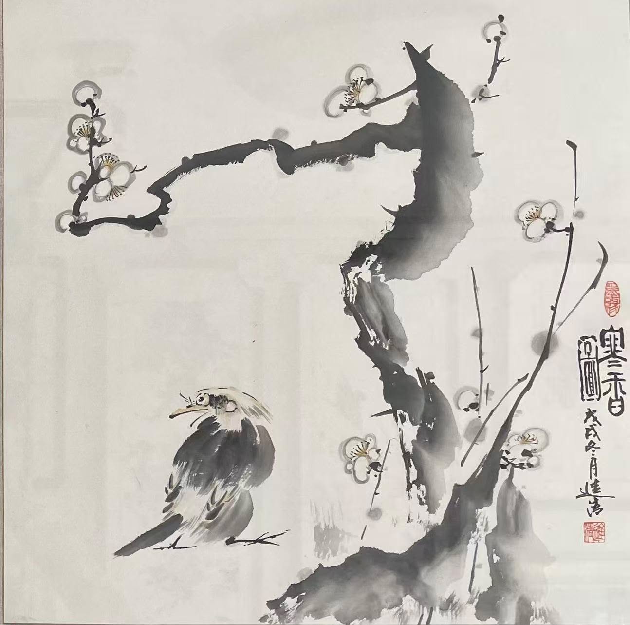 梅雀圖 Sparrows on Plum Blossoms — original hand-painted Chinese ink bird-and-flower painting by Master Jiang Jinqing (峻清书画)