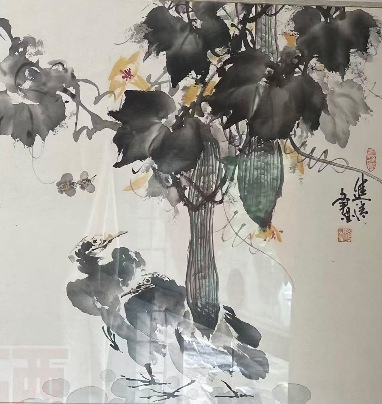絲瓜雙禽圖 Silk Gourds & Two Birds — original hand-painted Chinese ink bird-and-flower painting by Master Jiang Jinqing (峻清书画)