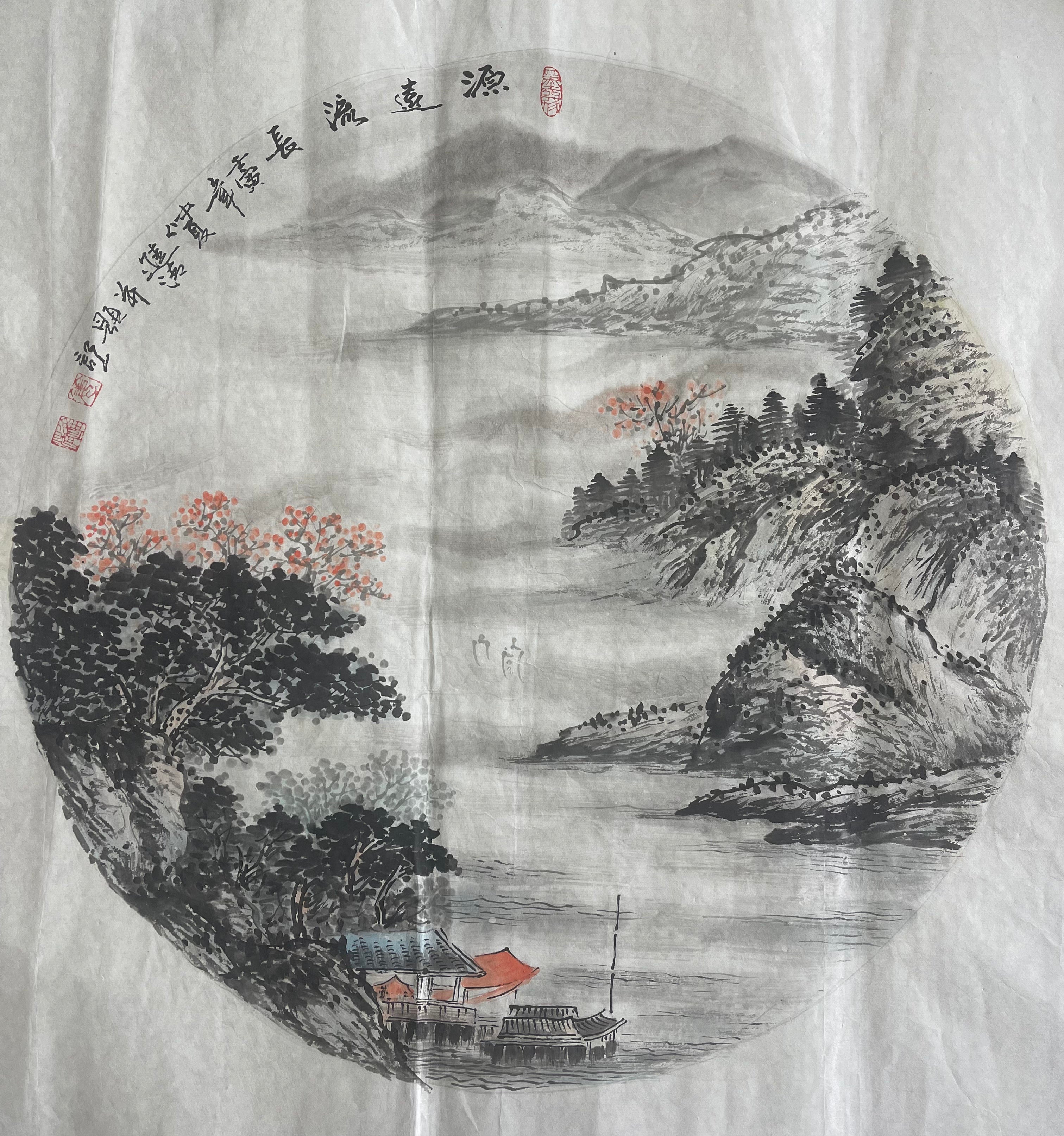源遠流長 Round Fan Landscape — Master Jiang Jinqing